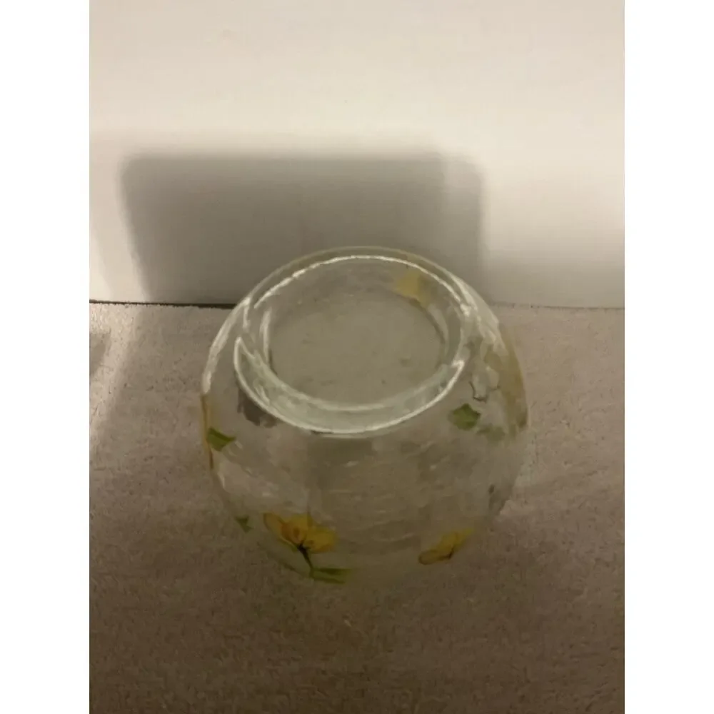 Vintage Fifth Avenue Crystal Crackle Glass Globe Yellow Floral Tea light